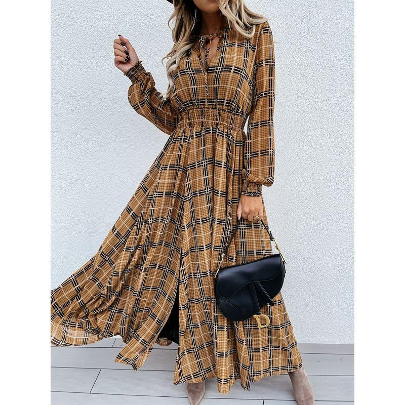 Dress European and American Style Grid Slim Long Sleeve Dress