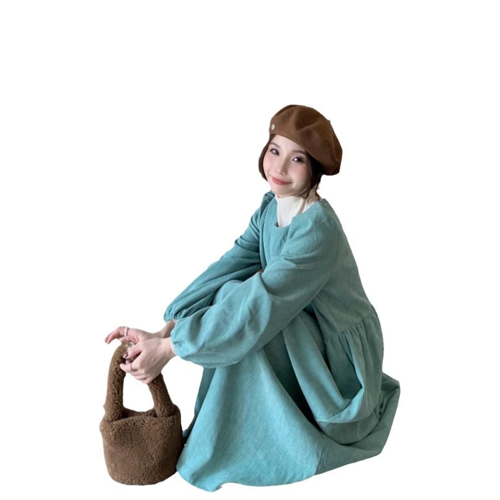 Corduroy dress women's spring new foreign style waist lantern sleeves lady A-shaped skirt loose long dress
