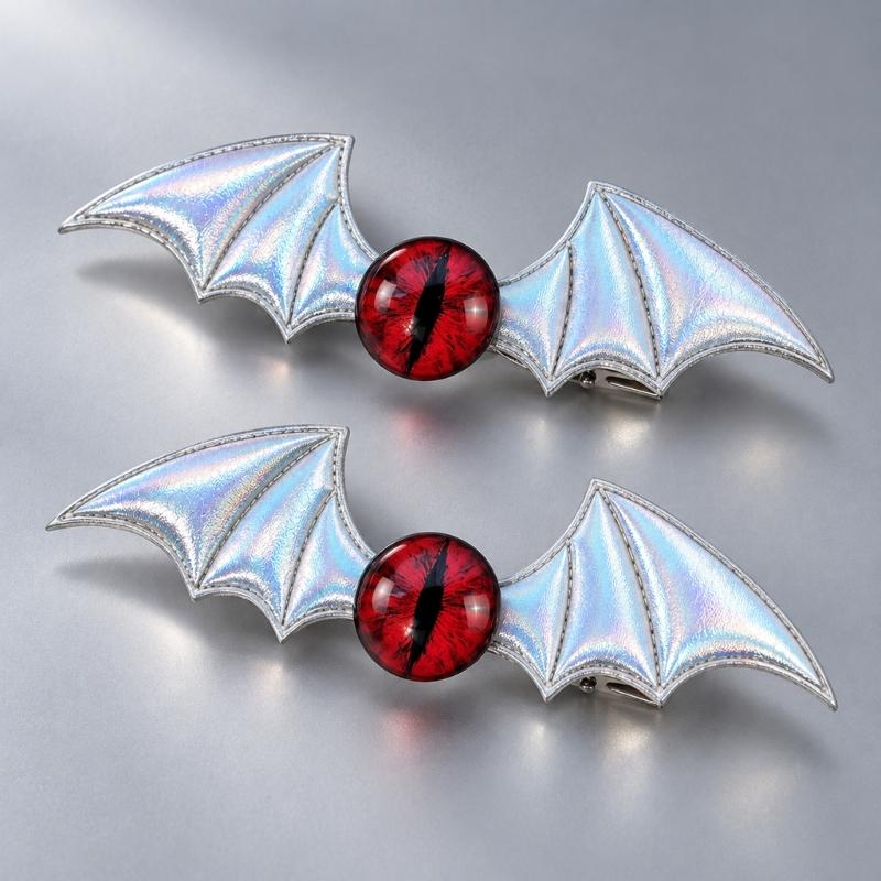 Gothic Hair Clip Set of 2 with Bat Wing Shape and Raised Red Eyeball Decors, Cosplay Barrettes for Theme Party, Stage Show and Party Photo