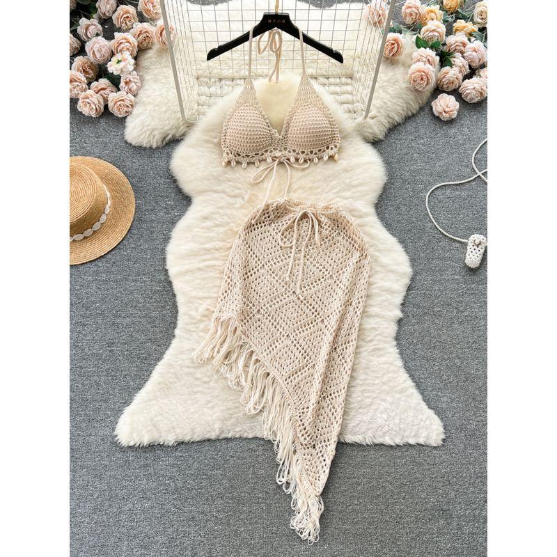 Hong Kong Style Vacation Style Suit Women's Stylish Bikini Halterneck Vest All-Matching Tassel Skirt Knitted Two-Piece