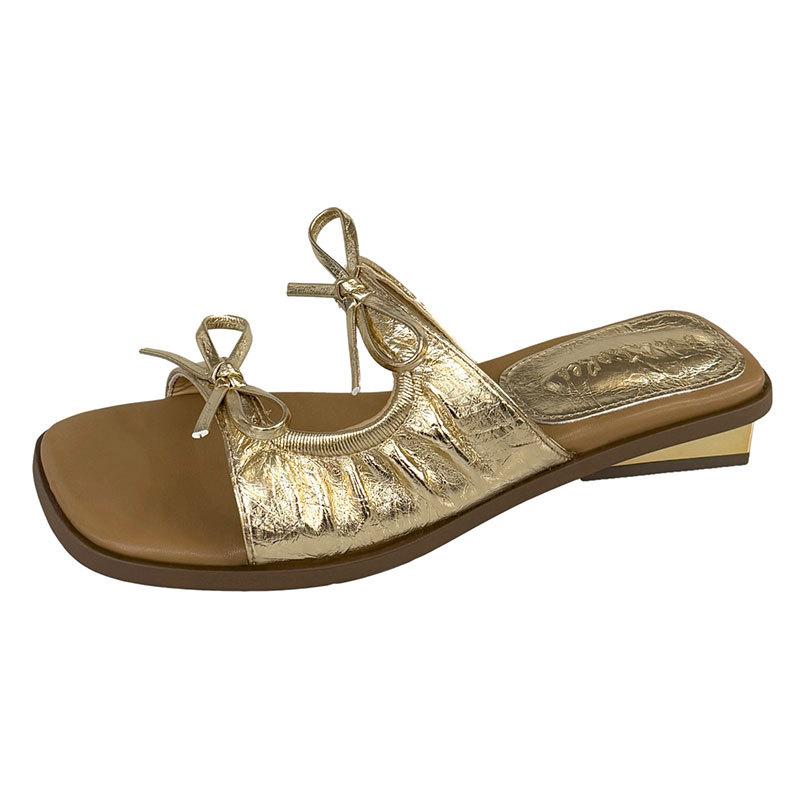 French bow slippers female summer wear fairy style fashion square head flat bottom with skirt beautiful beach one word sandals
