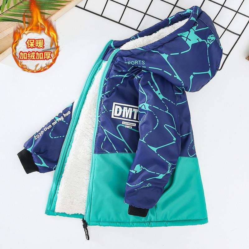 Boys Thickened Fleece Lined Hooded Windbreaker Kids Winter Outerwear