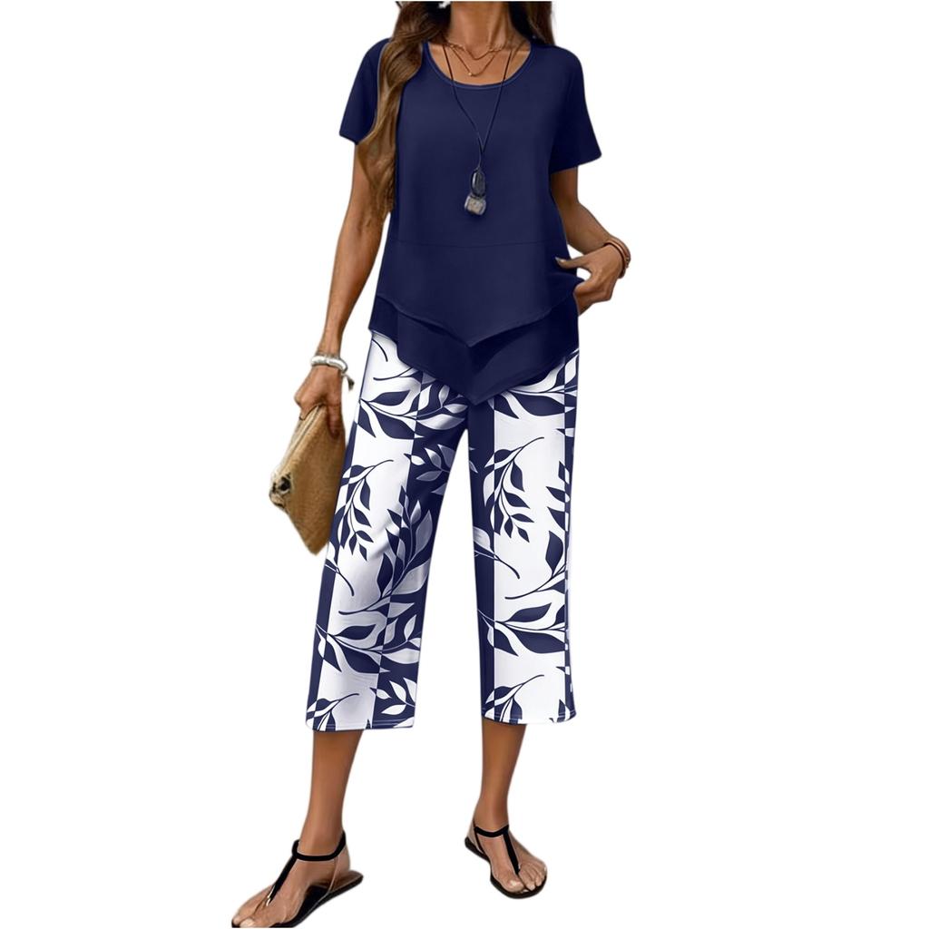 2-teilige Sets für Damen Sommer Übergröße Quadratischer Ausschnitt Oberteile Blumendruck Weite Hosen Caprihosen Boho Strand Reise Outfits
