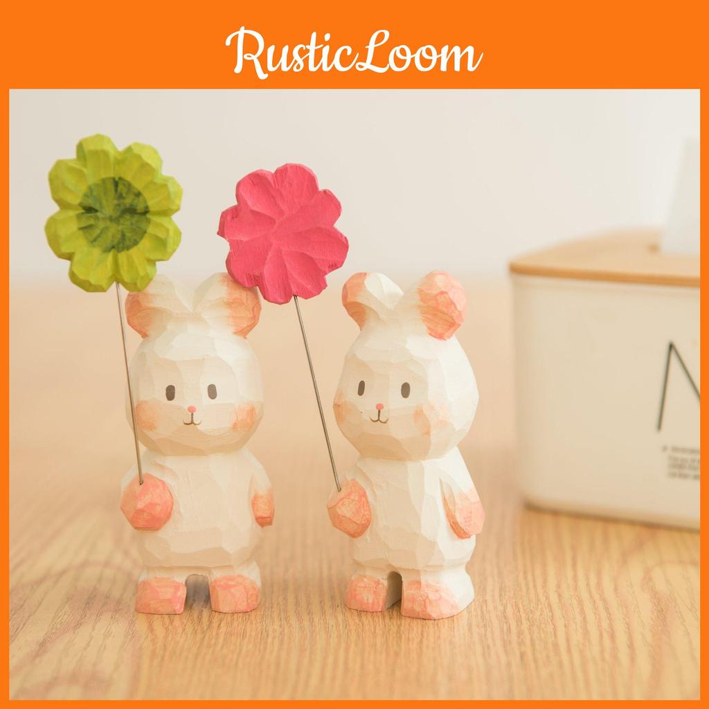 Wooden Carved Bunny Figurine With Small Flower Design For Gift And Party Decoration