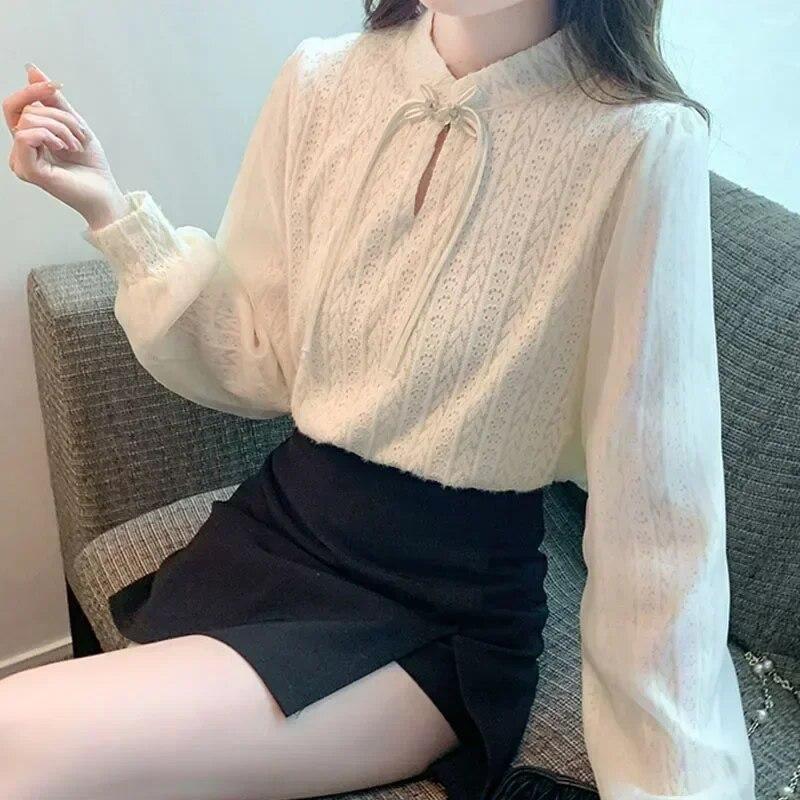 Camicie in pizzo da ufficio albicocca moda donna manica lunga allacciatura camicetta donna top intimi vestiti femminili eleganti 29750