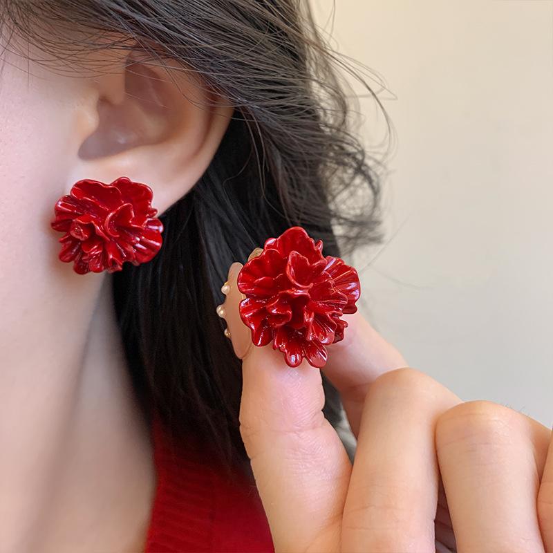 

Серьги-пусеты из эмали в виде 3D цветка цвета Encore Red для женщин, личность, темперамент, минималистичные украшения