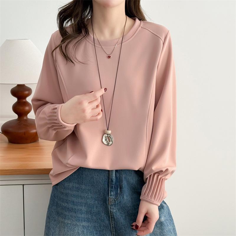 Plus Size Women's Spring Air Cotton Sweatshirt with Pleated Cuffs - Long Sleeve Casual Versatile Top