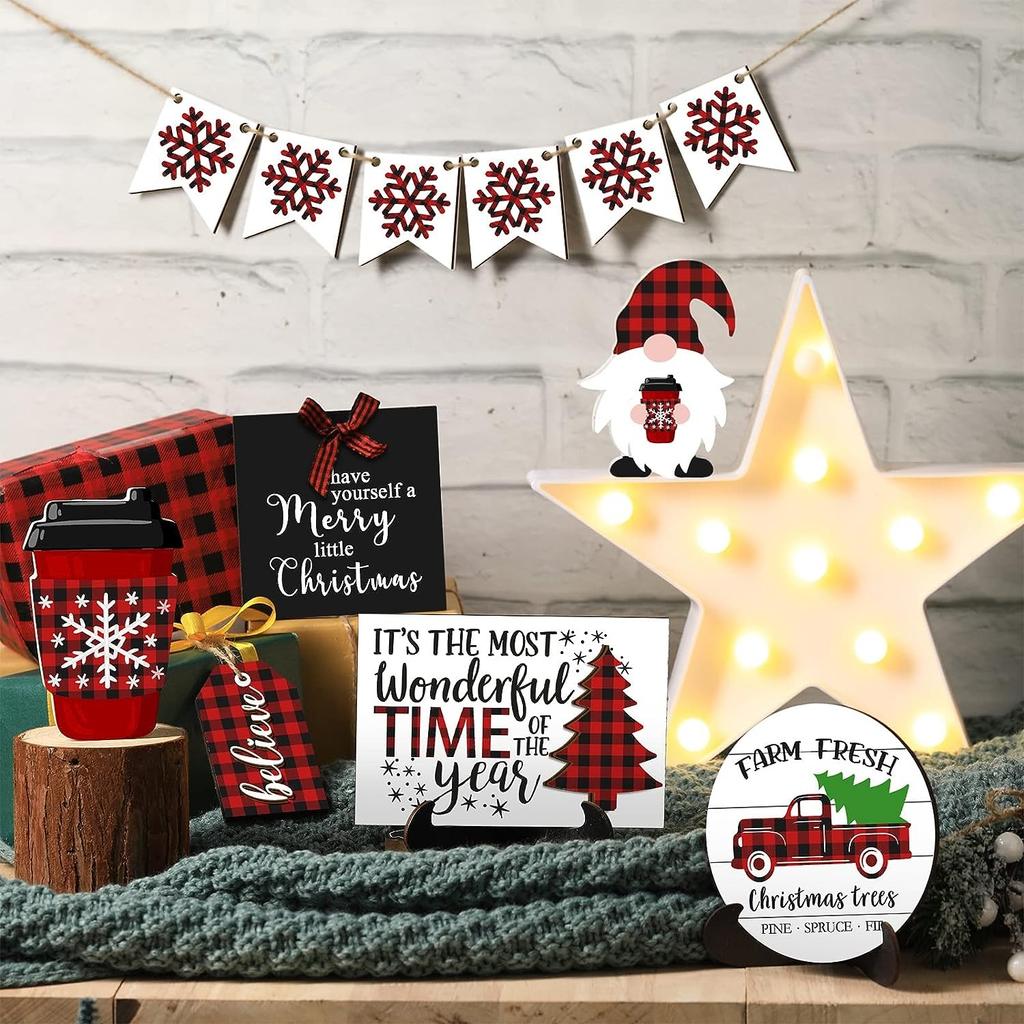 Christmas Decoration For Tiered Tray Christmas Table Sign Decor Tabletop Wooden  Indoor Winter Farm-house Home Party House Shelf Decoratio
