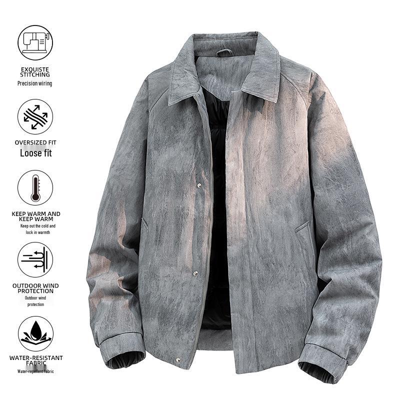 Men's Retro Leather Down Jacket with Lapel - Loose Fit, Solid Color, Plus Size, Trendy Style