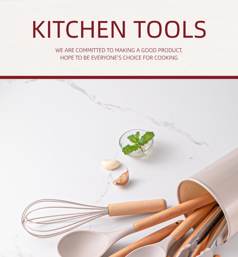 12-Piece Silicone Kitchen Tool Set with Wooden Handles & Storage Bucket