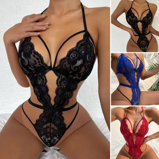 

Bodysuit Pajama See Through Homewear Backless Hollow Out Flower Pattern Bodysuit Underwear for Honeymoon