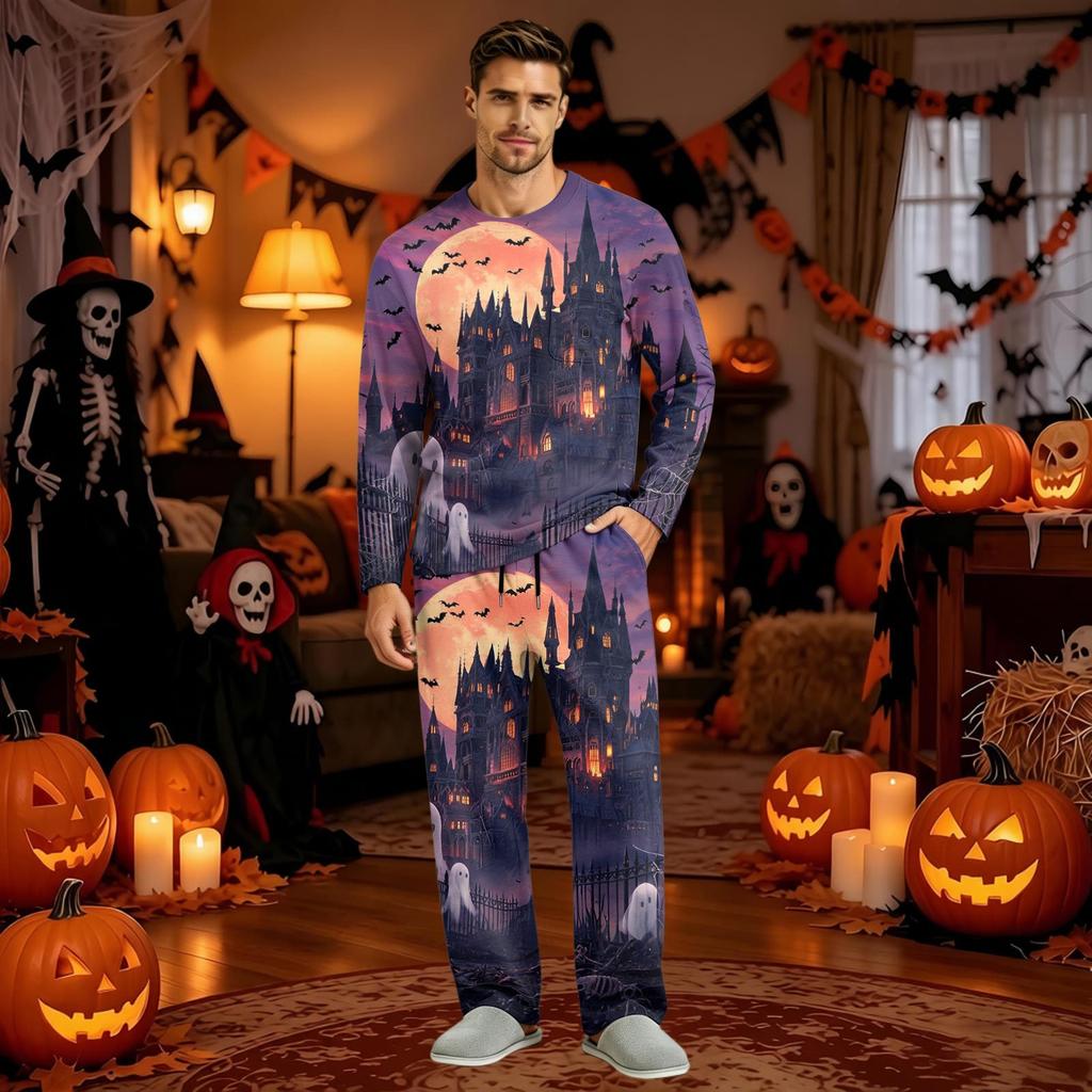 Men's Halloween Pajama Set Long Sleeve Long Pants with Crotch Buttons and Elastic Drawstring Waist