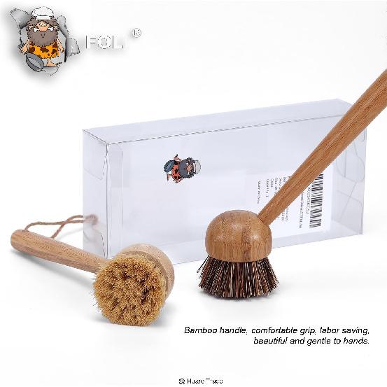 FOLI Bamboo Handle Dish Scrub Brushes - Wooden Cleaning Scrubbers with Stiff Bristles for Washing Kitchen Cast Iron Pan Pot (2PCS with Sisal & Palm