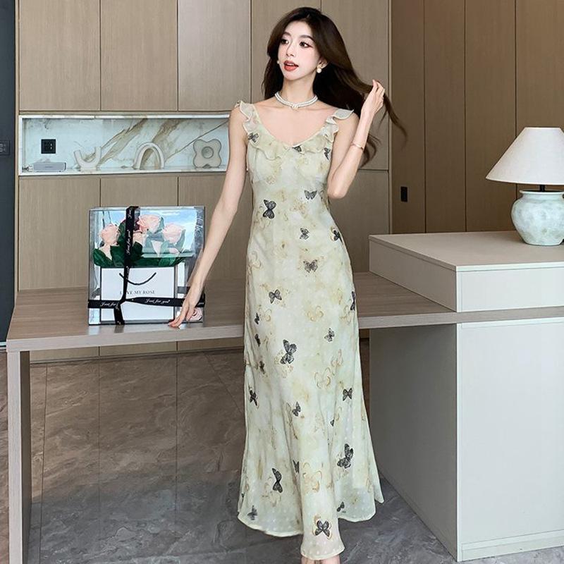 Women's Summer Butterfly Print Ruffle V-Neck Spaghetti Strap Waist-Cinched A-Line Dress