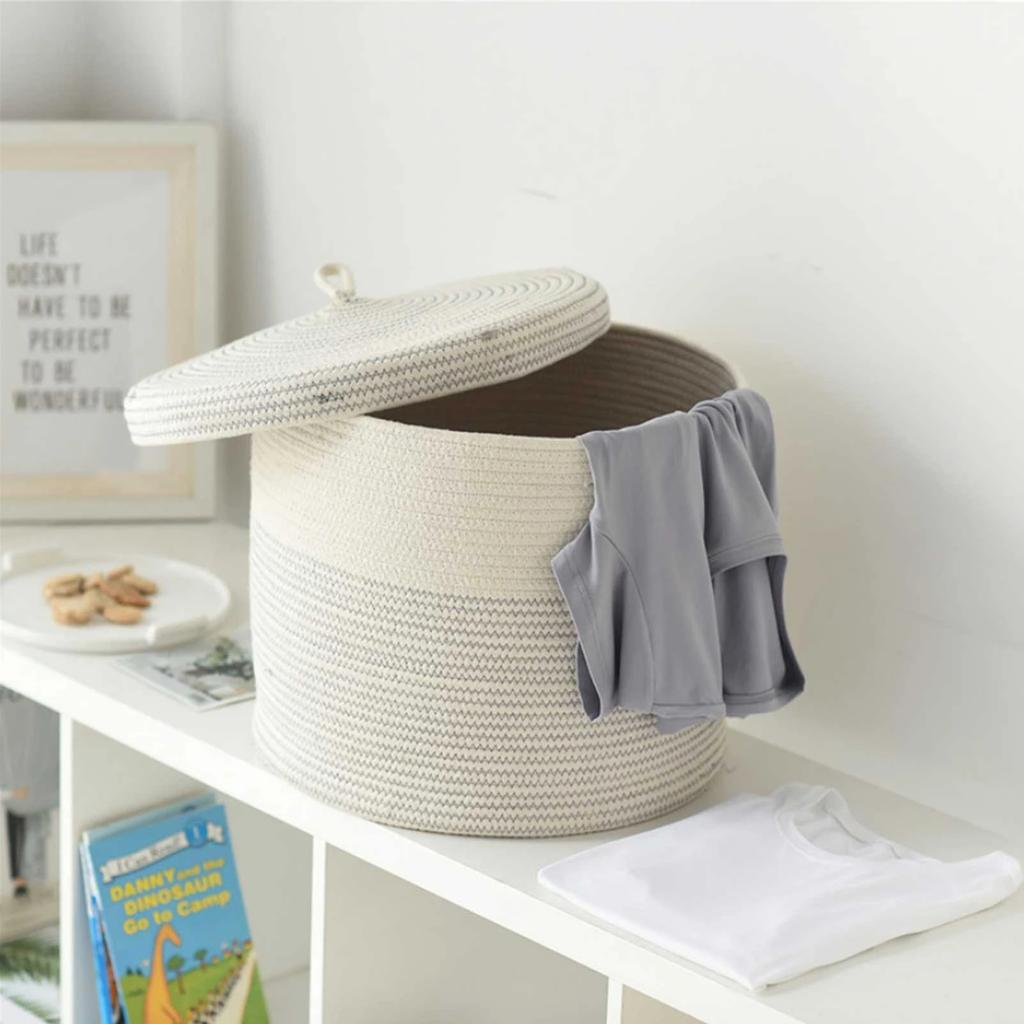Cotton Rope Storage Basket with Lid Large Capacity Collapsible Laundry Storage Bag Organizer for Living Room Bedroom Kids Toys