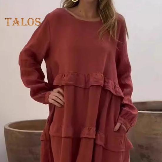 Damen Langarm-Midikleid mit lockerem Rüschen-Stufenkleid, lässiger O-Ausschnitt, Frühlings-Pulloverkleid für Urlaub, Strand