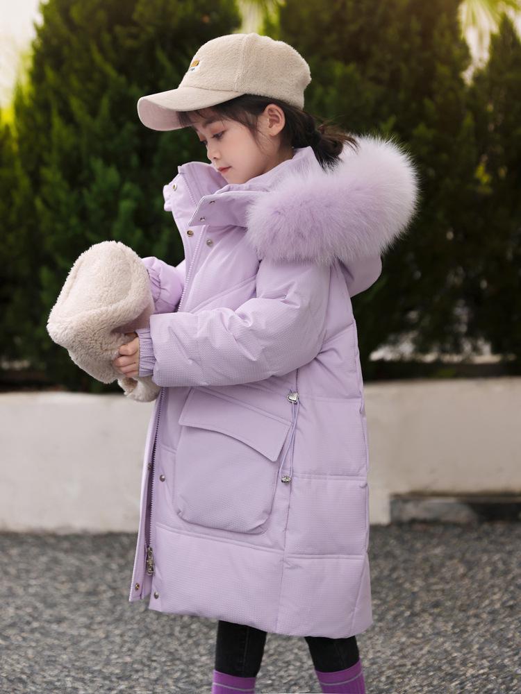 2024 Mid-Length Girls' Thick White Duck Down Jacket - Korean Style Warm Winter Outerwear