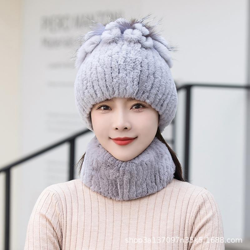 New Rex Rabbit Hair Knitted Hat Women's Autumn and Winter Thickened Ear Protection Warm Elastic Knitted Fur Hat Scarf