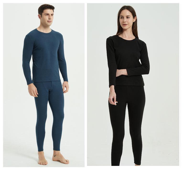 Solid Color Double-Sided Brushed Warm Base Layer Set for Women & Men - Round Neck Top & Pants for Autumn