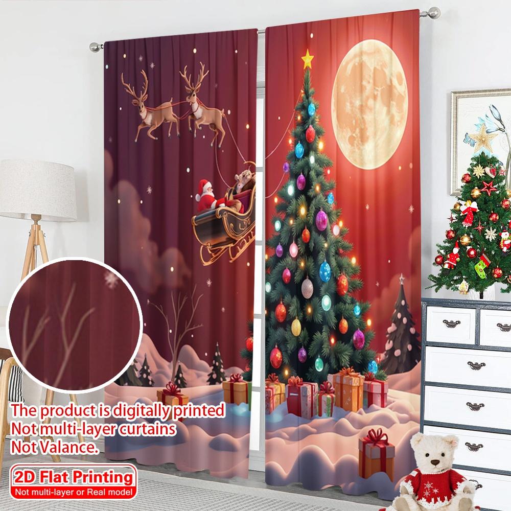 2pcs 2D Flat Printing Christmas Party Curtain Christmas Tree Santa Moon 100% Polyester Without Electricity Party Decorations for