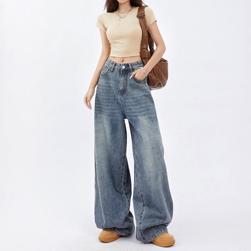 

2024 Autumn Women s High-Waisted Loose Drape Wide-Leg Jeans 2XL