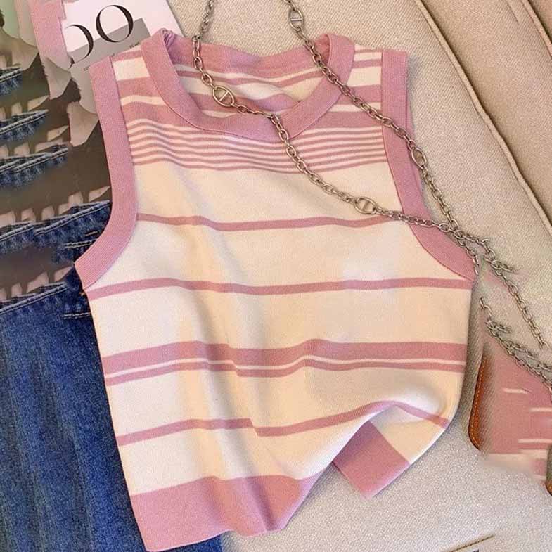 Women's Ice Silk Knit Hot Girl Camisole Summer Outer Wear Short Sleeveless T-shirt Sexy Stripe Top
