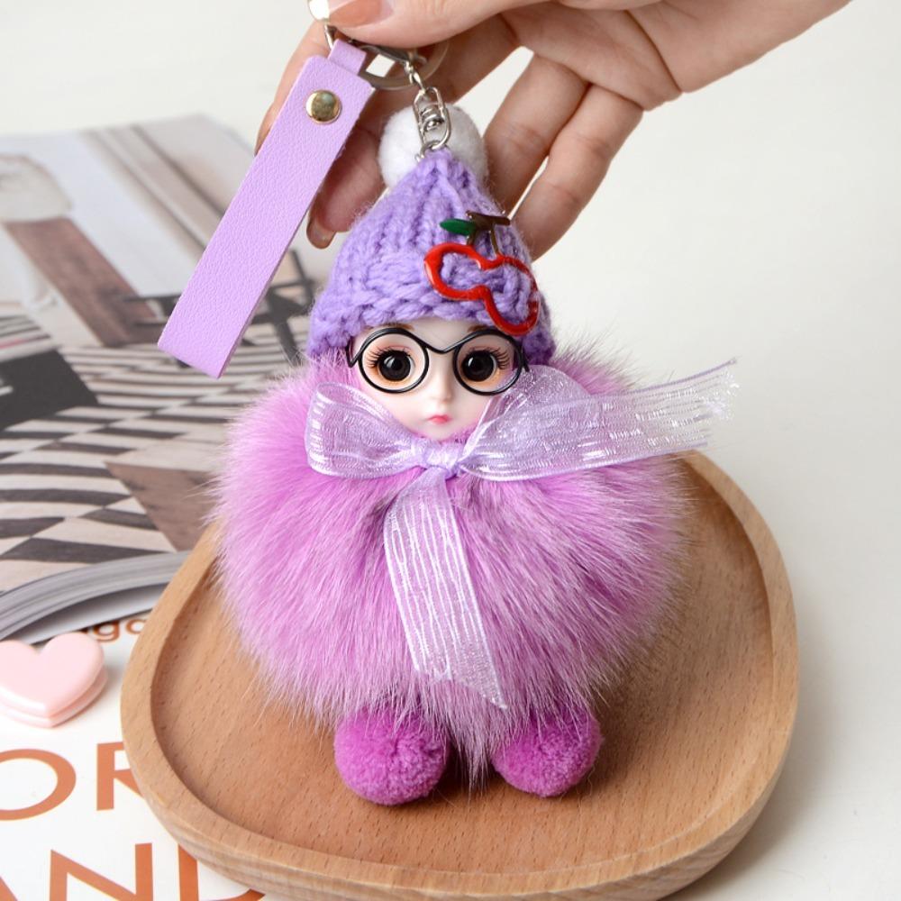 Eye Glass Doll Pompom Doll Keyring Real Fur Ball Baby Doll Ball Key Chain  Bag Pendant
