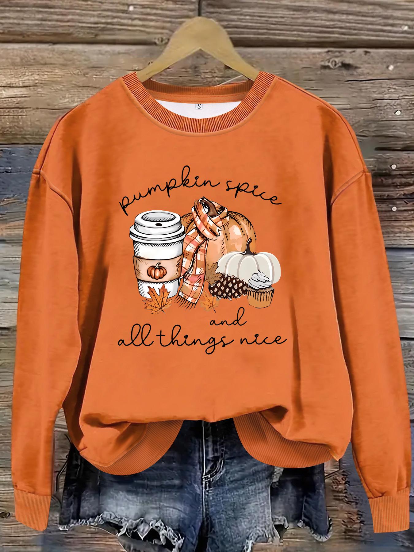 

Pumpkin Spice Print Sweatshirt - Round Neck Casual Top S оранжевый
