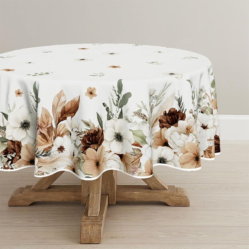 Horaldaily Spring Tablecloth 60×84 Inch Rectangular, Boho Naturalistic Style Brown Flower Washable Seasonal Table Cover for Party Picnic Dinner