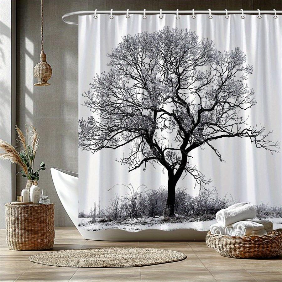 

1 Winter Leafless Tree Black And White Photo Shower Curtain, Lush Leaves, Polyester Fabric, Machine Washable W60H190(CM)-1 Pcs