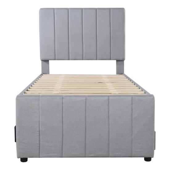 Youth Bed 90x200cm Cotton Linen Fabric Storage with Drawers Pull-out Single Headboard Lines