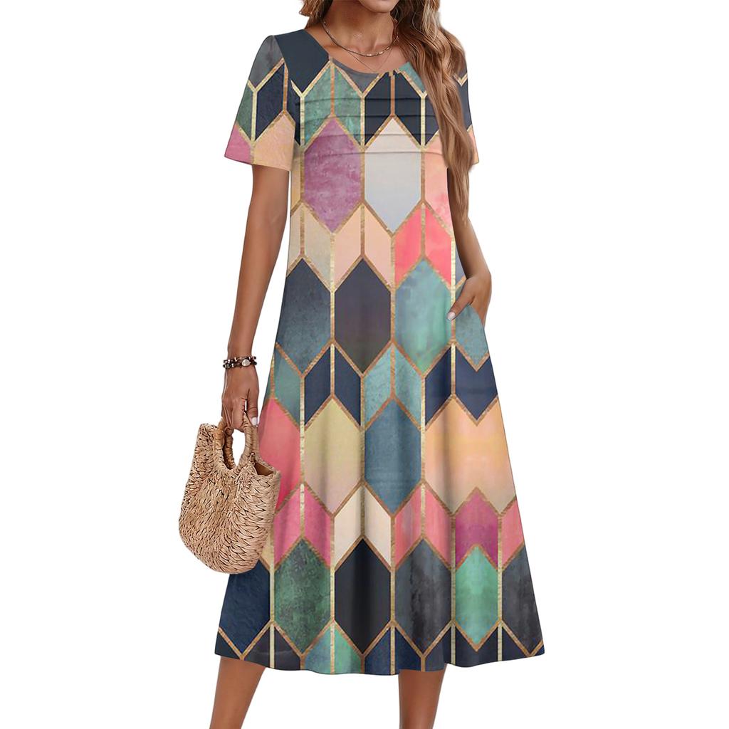 Damenkleid mit Blumenmuster, lässig und modisch, kurzärmelig, Rundhalsausschnitt