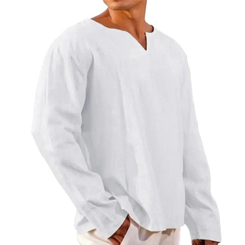 Minimalistisches Langarmhemd für Herren aus Leinen-Baumwollmischung - Atmungsaktiv, mit Schlitzkragen, tief angesetzten Schultern, lockerer Passform, Urlaubs-Freizeit-Oberteile in Unifarben