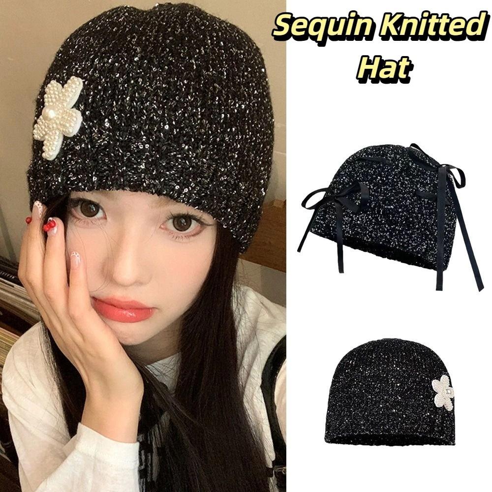 Hollow Sequin Knitted Hat Vintage Woven Cap Retro Beanie Hat  Autumn
