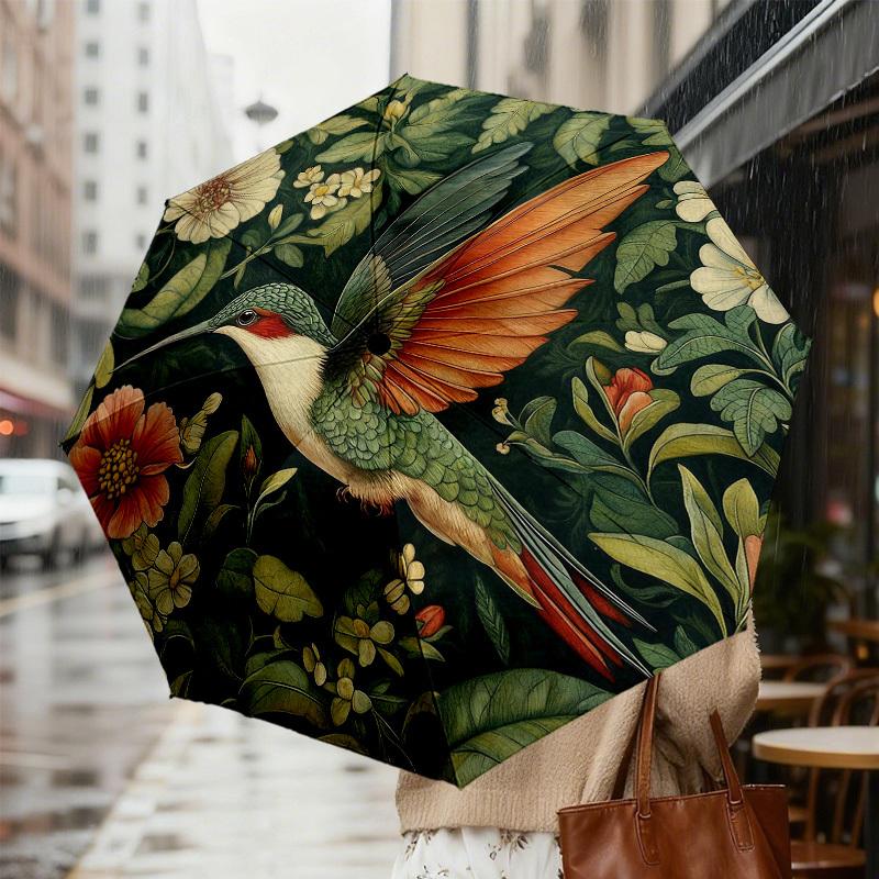 1pc Hummingbird Floral Automatic Folding Umbrella, Heavy Duty 8 Rib Iron Frame,  Suitable for Travel, Daily Use, Birthday, Decor Gift M0104069