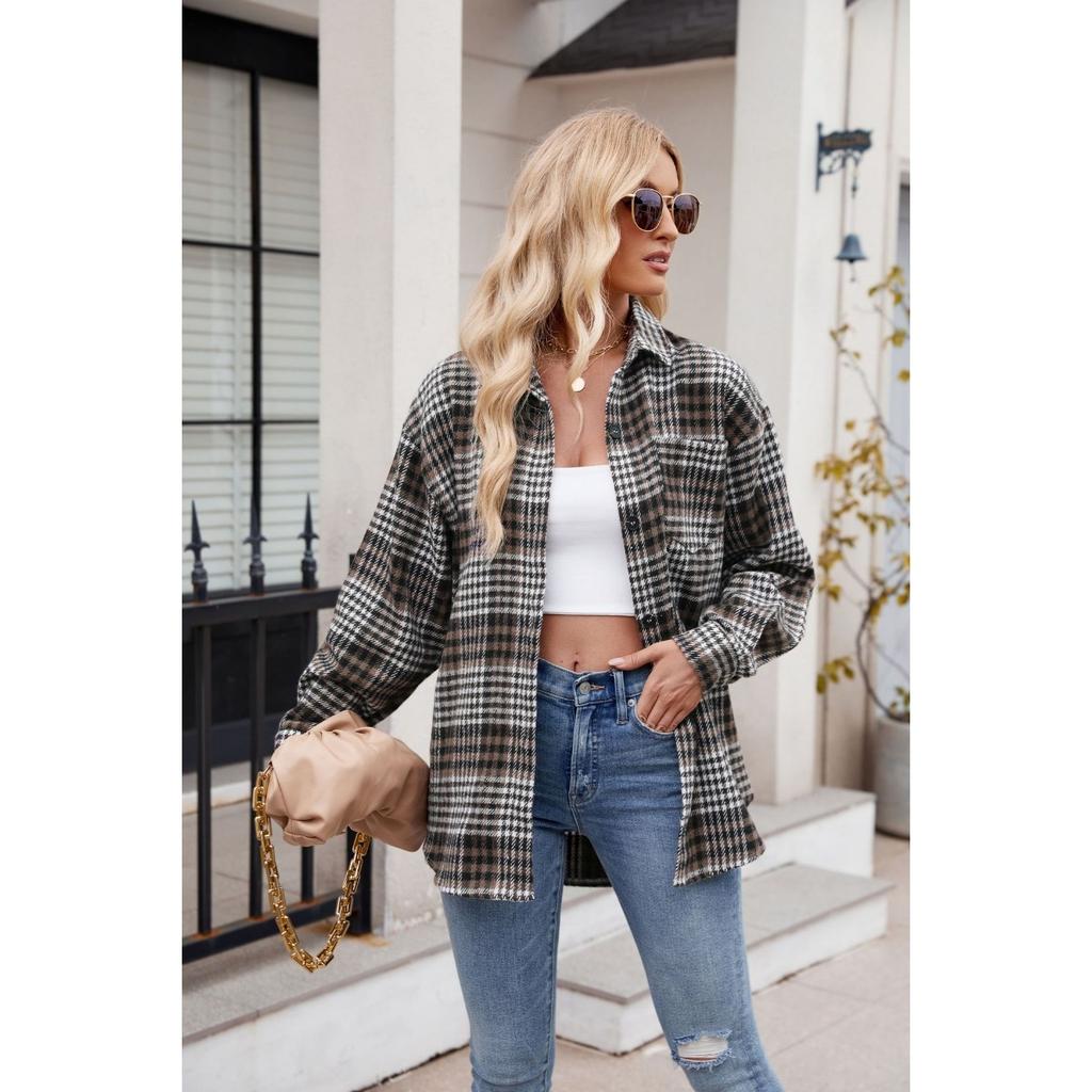 Women's Clothing, Thousand Bird Plaid, Buttons, Flannel, Woolen Shirt