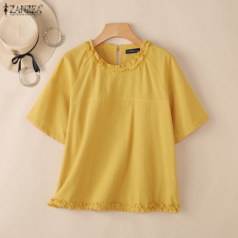 ZANZEA Women Casual Round Neck Solid Color Short Sleeve Blouse