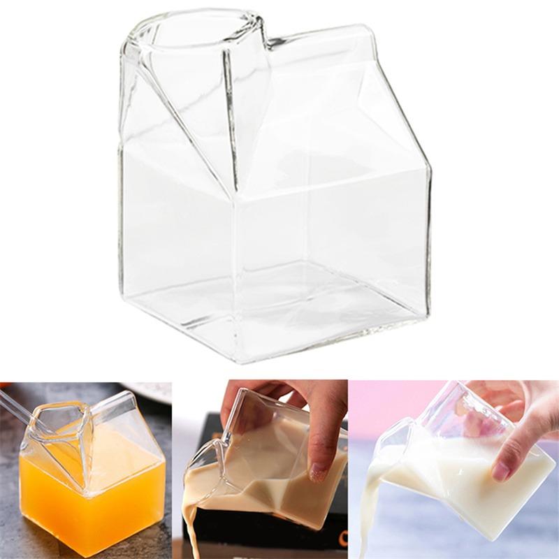 300ml Creative Transparent Milk Box Cup Milk Box Shape Glass Cups Bottle for Juice Cute Coffee CupTea Drinkware Students Drink