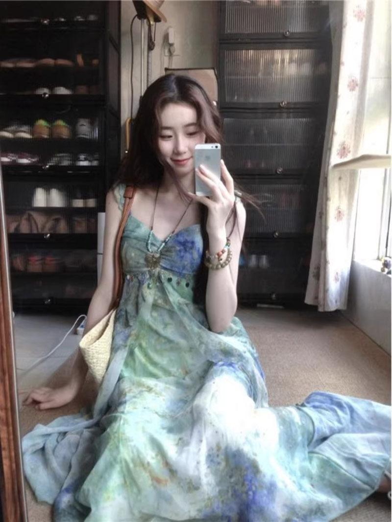 Holiday style suspender dress smudged summer new waist skirt new fashion explosion 2026 new women s skirt S