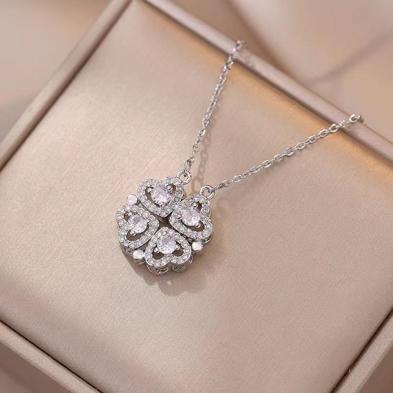 1pc Heart Shaped Four Leaf Clover Pendant Necklace Jewelry Zircon Women Love Clavicle Chain Gifts Openable ChokerJewelry