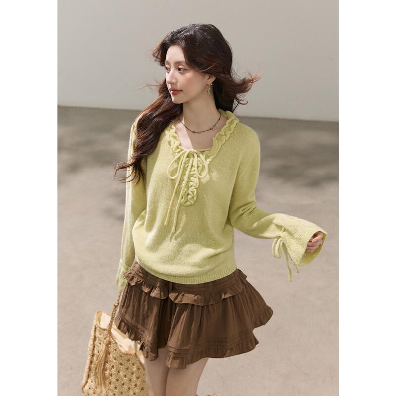 Mishow Women's Wool Blend Ruffle Tie-Front Knit Sweater