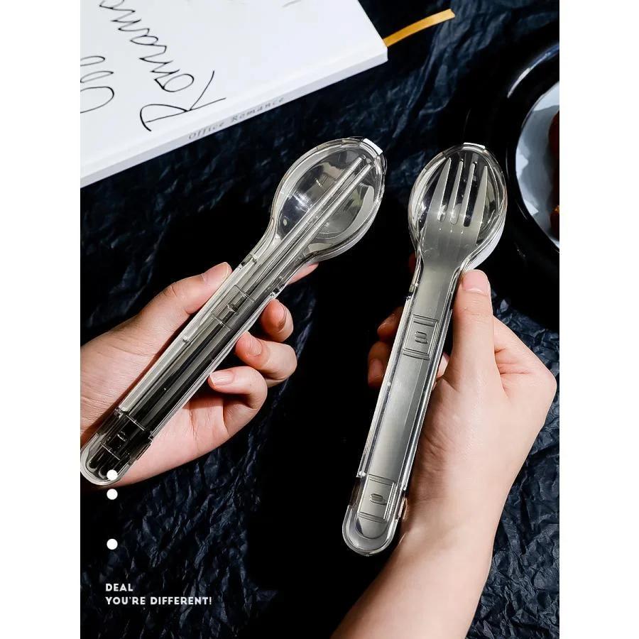 Cutie de depozitare tacâmuri din oțel inoxidabil, Seturi de bețișoare și linguri, Portabil, Școală primară, Casă, Exterior, 3 buc