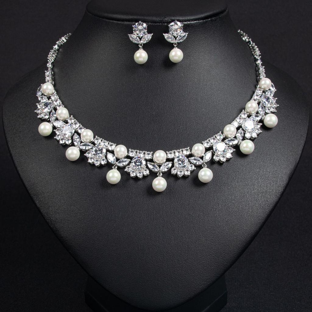 Nuevo glamour de lujo deslumbrante perla circonita conjunto de joyería para mujer collar pendientes regalo para fiesta boda graduación vestido M-361