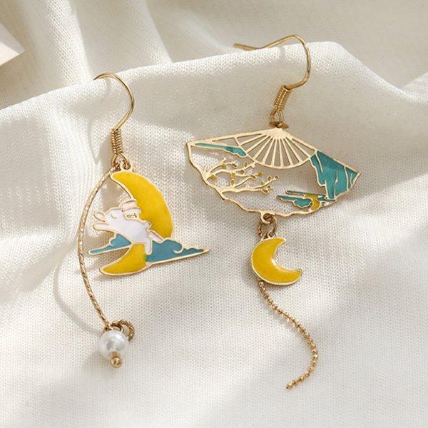 New Fashion Folding Fan Crane Flower Asymmetric Earrings for Women Temperament Long Tassel Dangle Earrings Party Jewelry Gift