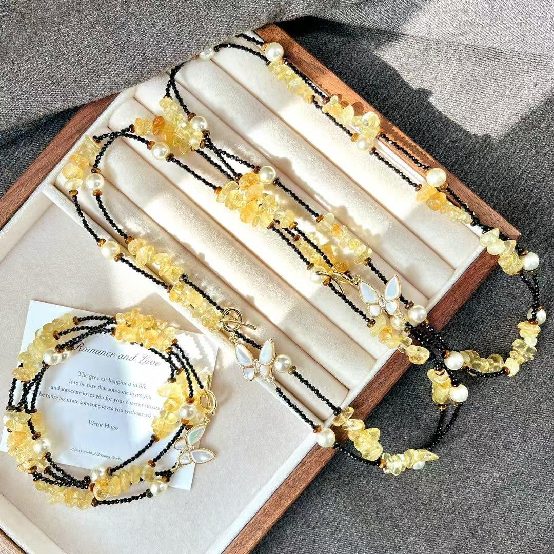 

Vintage Strong Light High Quality Artificial Crystal Pearl Natural Citrine Necklace Collarbone Chain Sweater Chain