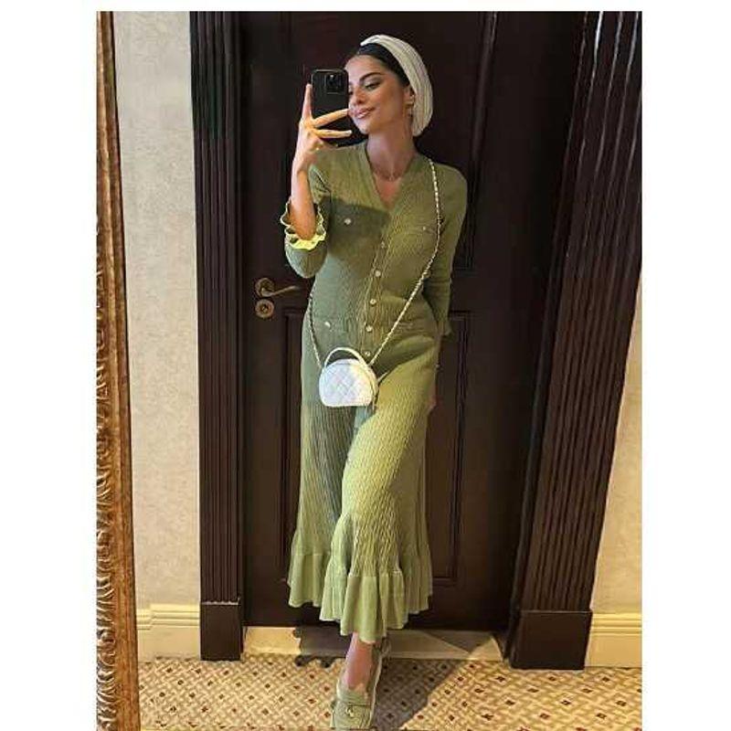 

Long Sleeved Knitted Dress Crew Neck Slim fit Long sleeve Knit Sheath French style Dress OLIVE L