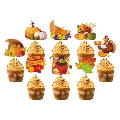 12Pcs/set Cupcakes Insert Cake Flags for Thanksgiving Autumn Party Decorations
