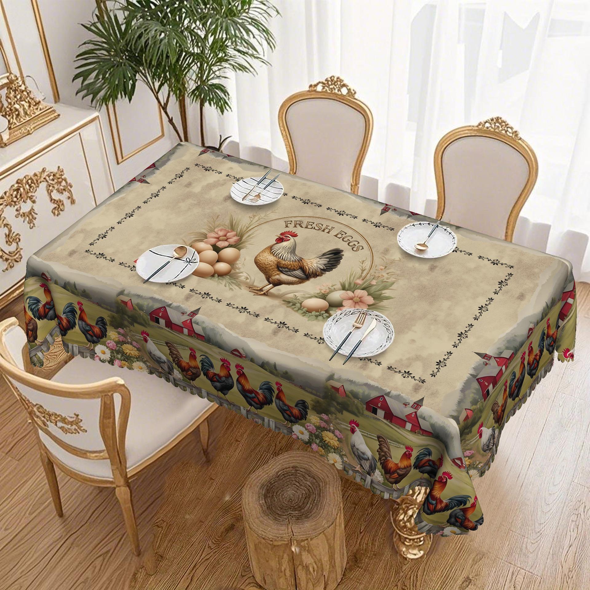 Винтажная Сельская Пасторальная Скатерть Яйцо Петух Пасторальный Принт Круглая Прямоугольная Скатерть для Обеденного Стола Водонепроницаемая Бытовая Скатерть для Обеденного Стола Round tablecloth-152x152cm