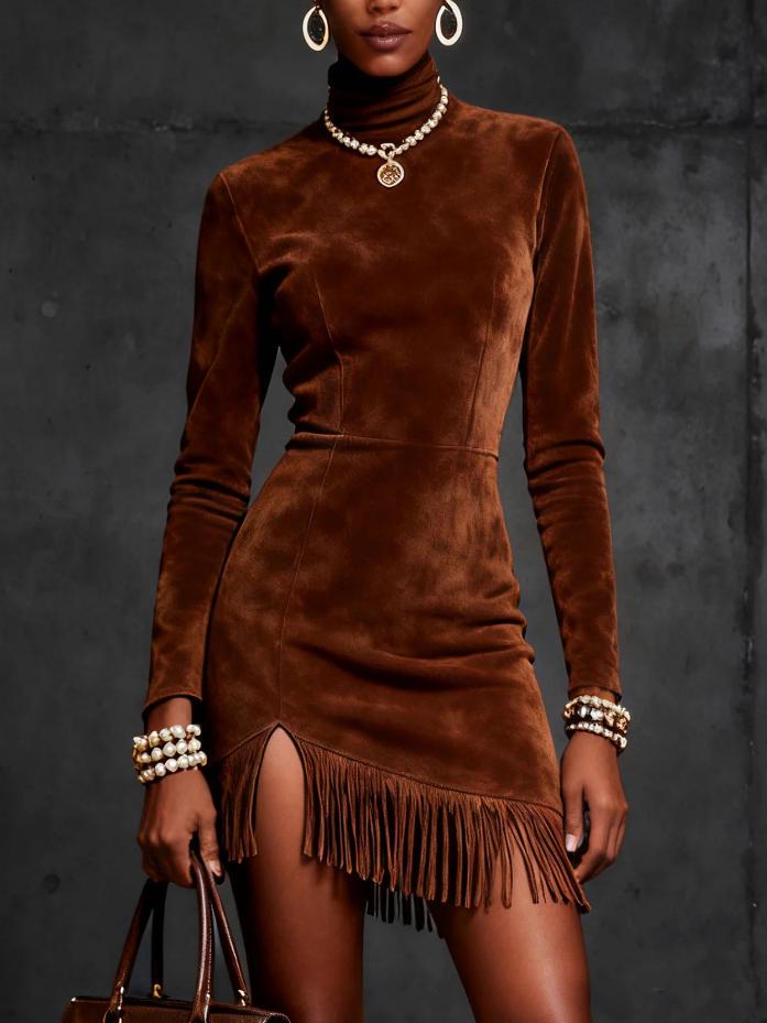 2025 European-American Brown Suede Tassel Dress - High Collar, Long Sleeve, Slim Fit for Autumn/Winter Fashion Medium янтарь