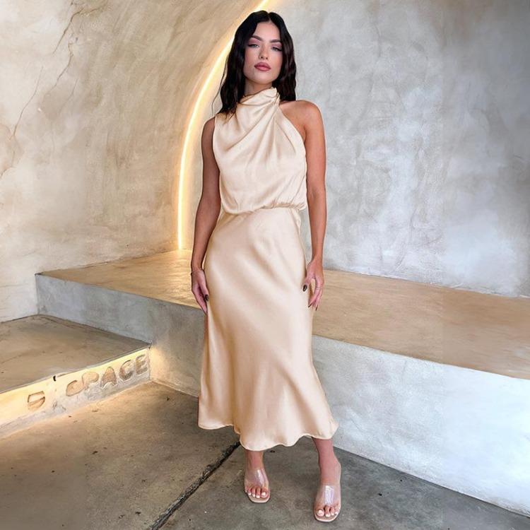 Rochie Femei Solidă Talie Înaltă Halter Bretele Spaghete Lungime Gleznă Guler Înalt